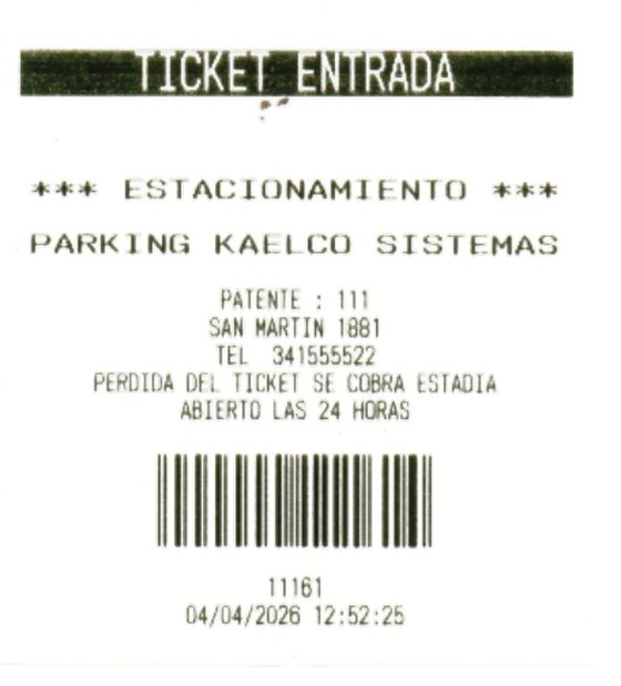 Ticket de entrada de estacionamiento con código de barras emitido por el tótem